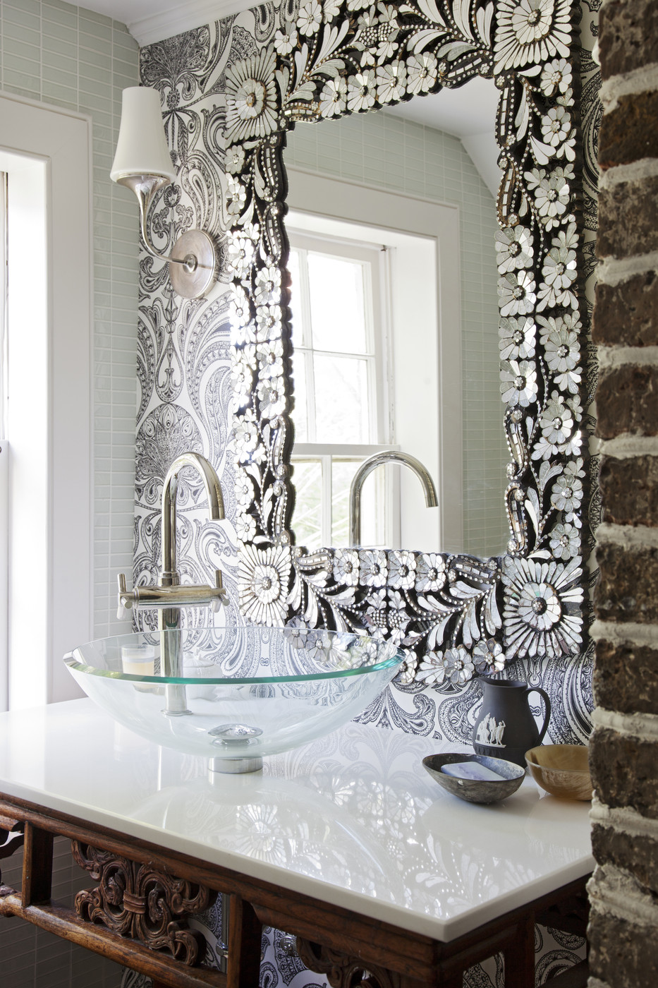 sea shell mirror silver rustic farmhouse vanity bathroom sink idea