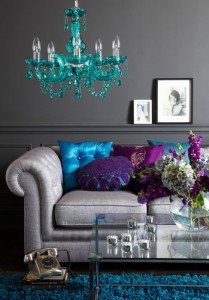 all grey living room turquoise chandelier vintage clock blue shag carpet purple accent pillows shop room ideas interior design decorating
