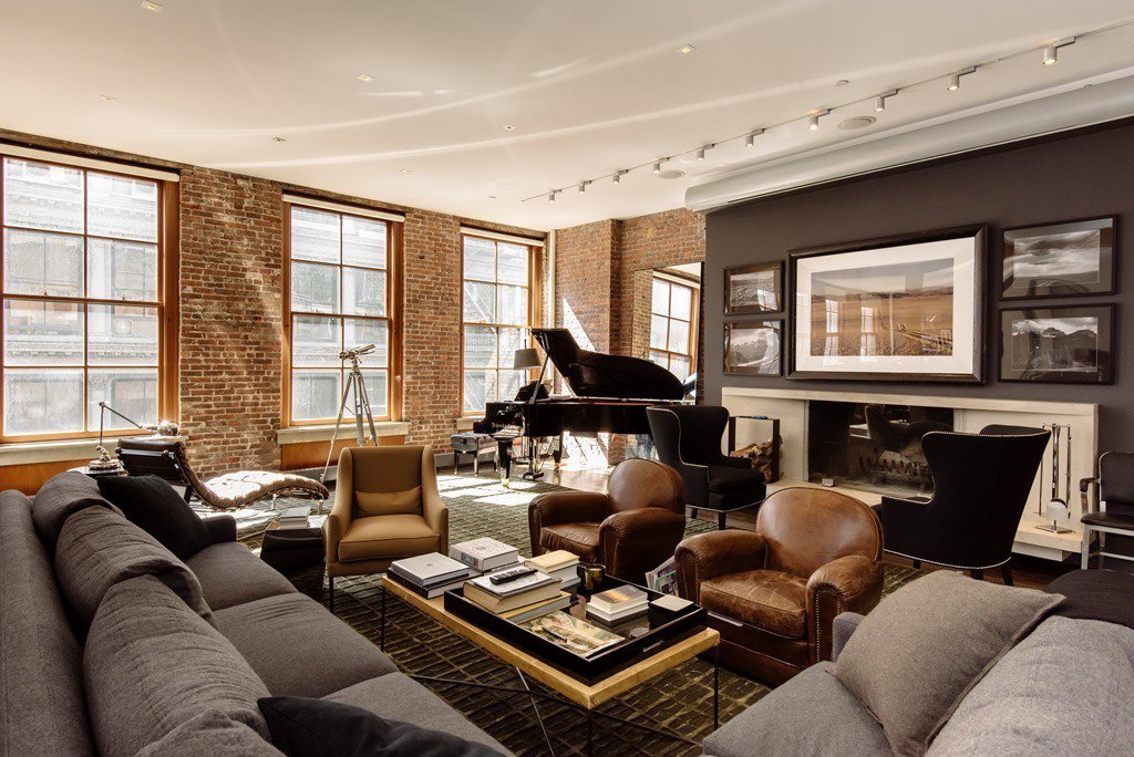 industrial modern condo loft design idea chris hughes facebook mark zuckerberg house grey and brown decorating idea brown leather sofa soho shop room ideas