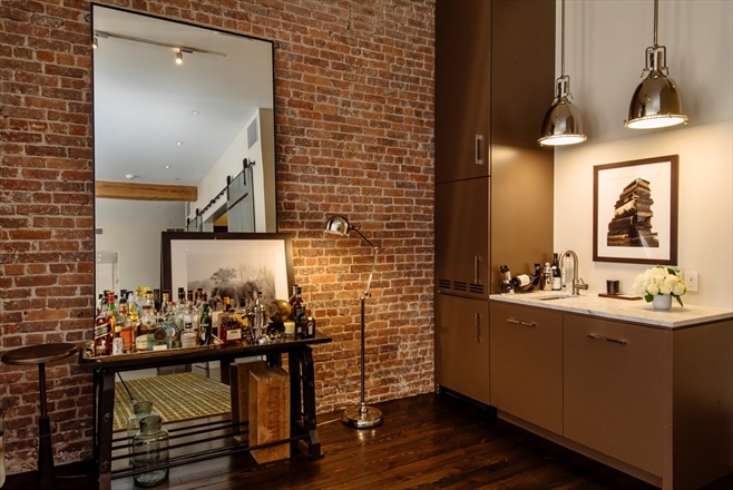 industrial modern masculine condo idea loft manhattan loft brick wall decorating interior design modern lighting lamps wall mirror shop room ideas pinterest