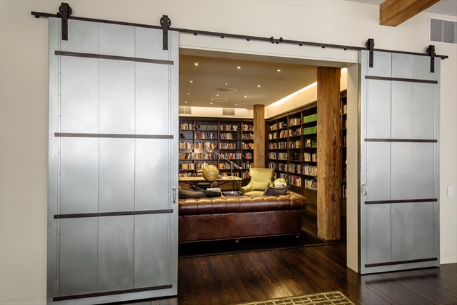 industrial urban modern masculine condo loft design idea interior design shop room ideas steel sliding doors bookshelves library