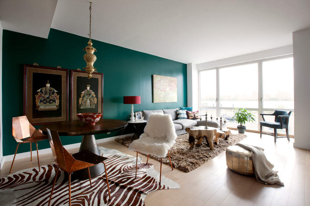 contemporary home living room green teal emerald walls paint zebra rug carpet sheepskin decor daux fur shop room ideas renovation before after