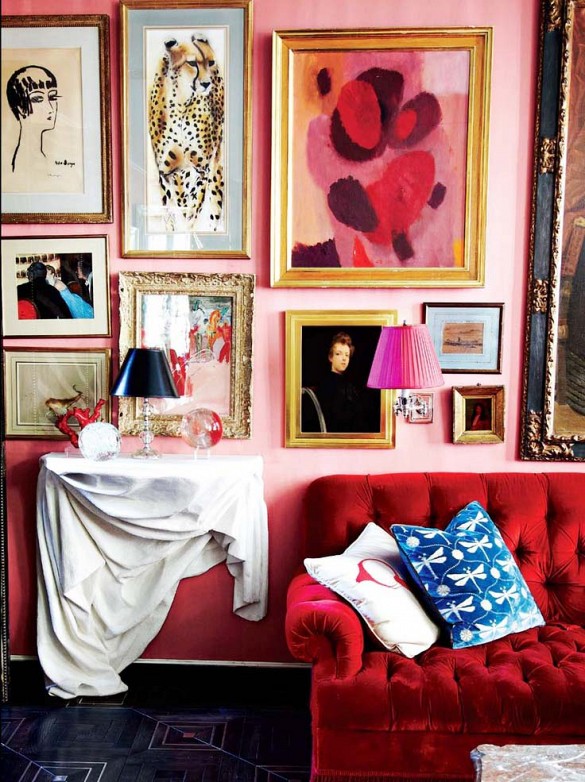eclectic art red sofa tufted valentines day decor gallery wall picture frames ideas pinterest pink walls family room living room decor interior design miles redd shop roomideas