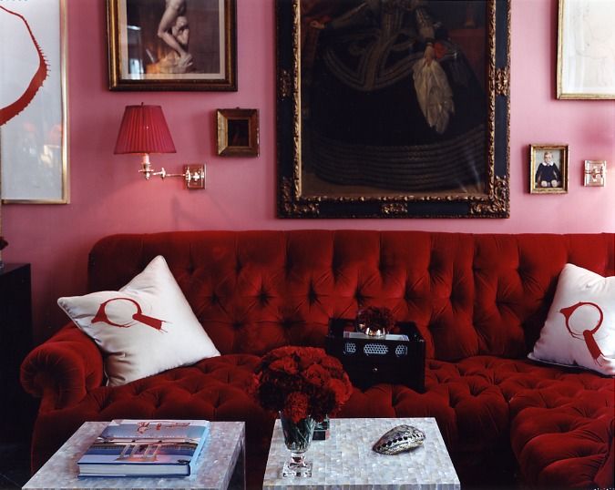 feminine office red sofa tufted valentines day decor gallery wall picture frames ideas pinterest pink walls family room living room decor interior design