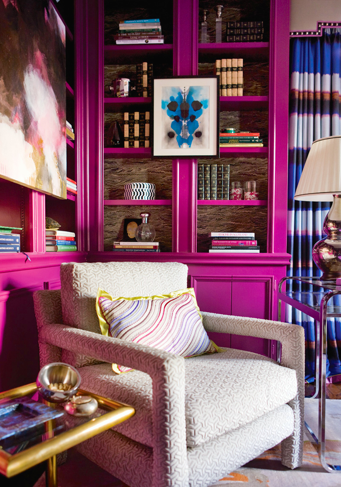 decorating with jewel color tone rooms hot pink bookshelf fuchsia feminine library office ideas girly eclectic glam hollywood reading nook home interior design shop room ideas