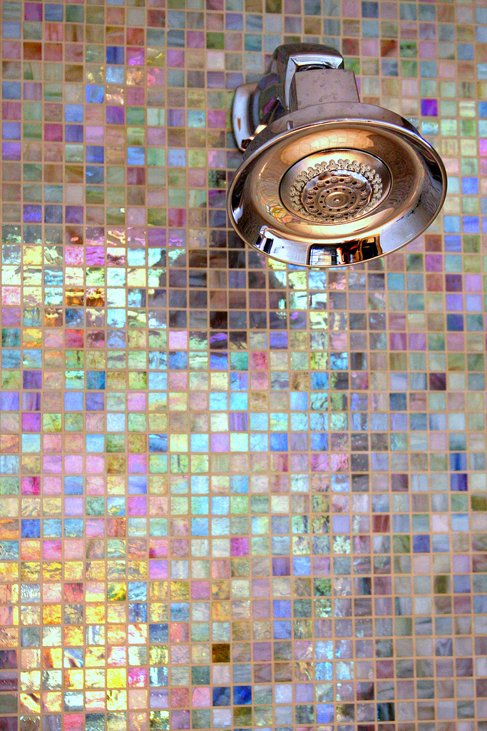 girly feminine pink mosaic pastel tiles purple blue metallic small square shop room ideas shower ideas fixtures cleaning tiles renovation