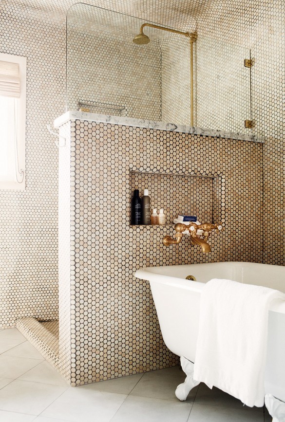 metallic gold bathroom round circle tiles mosaic lion claw bathtub shower traditional metallic copper step in inspiration pinterest shop room ideas