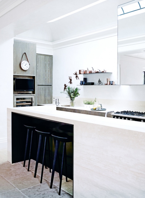 modern white kitchen island black stools french tile floor georgian mansion art deco inspiration