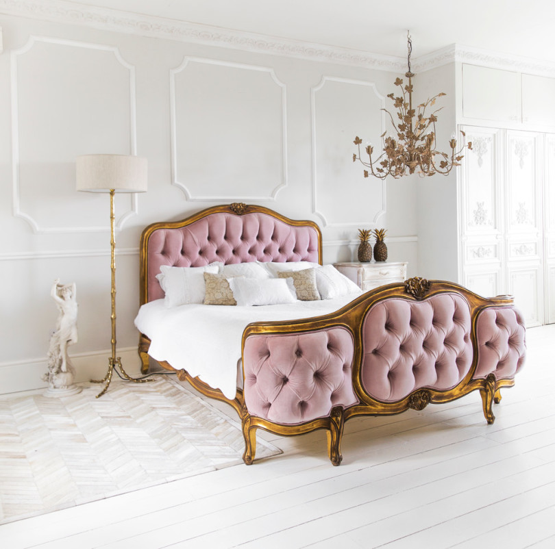 traditional french country chateau regency style bedroom bed tufted pink feminine girly gold leaf wall moulding chandelier marie antoinette versailles shop room ideas pinterest