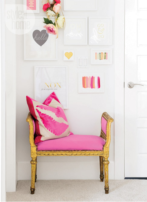 pink and gold leaf accent chair diy inspiration decor feminine office ideas kiss pillow girly eclectic design shop room ideas decor