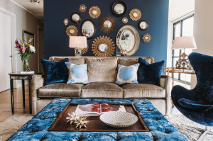 transitional-living-room inspiration condo ideas silver velvet navy blue cuch mirror gallery wall shop room ideas grouping pillow arrange