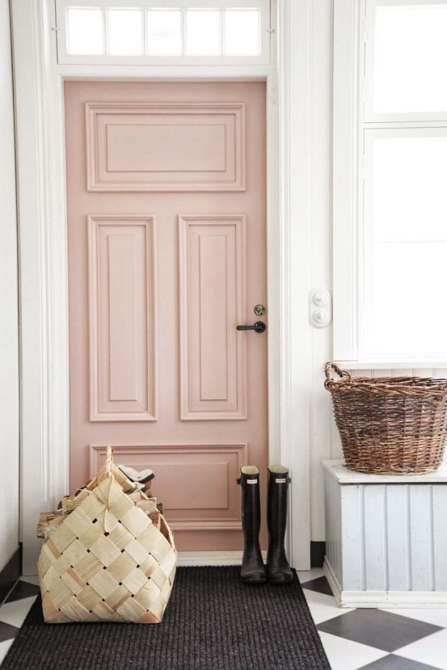 soft pink blush nude fron door house entrance ideas interior design shop room ideas black white tile floor checker diamond pattern