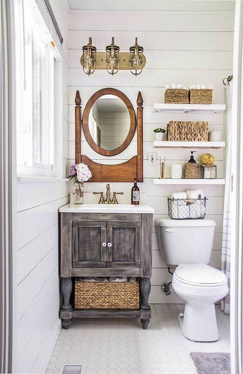 how to renovate decorate small bathroom powder room ideas farmouse farm barn ideas wood vanity shevling storage