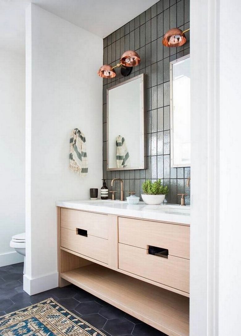 small bathroom renovation before and after octagon tile metallic backsplash tile rose gold faucet copper double sink inspiration