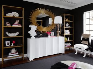 sunburst starburst mirror dream closet inspiration transitional black and white home office work space eclectic glam style interior bedroom