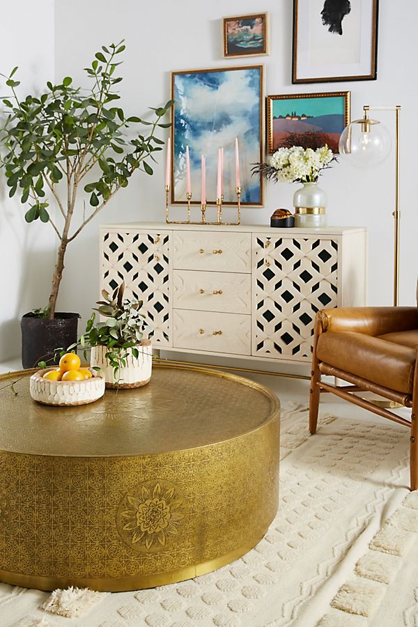 gold bohemian persian print coffee table copper furniture brown leather style sofa shop room ideas