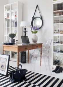 home office bohemian style small apartment work table black and white cotton carpet feminine all white ghost chair clear pvc furniture shop room ideas