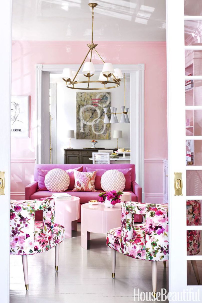 bubblegum pink and gold living room pink couch gold chandelier transitional dining room victorian georgian home style remodel shop room ideas