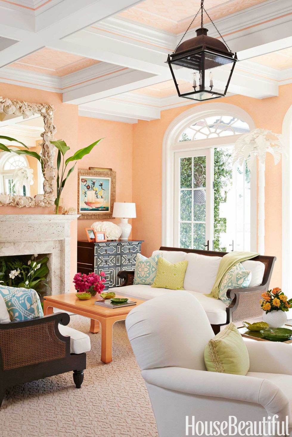 peach-living-room-sea shell mirror diy spanish style decor interior design coastal california beach style shop room ideas