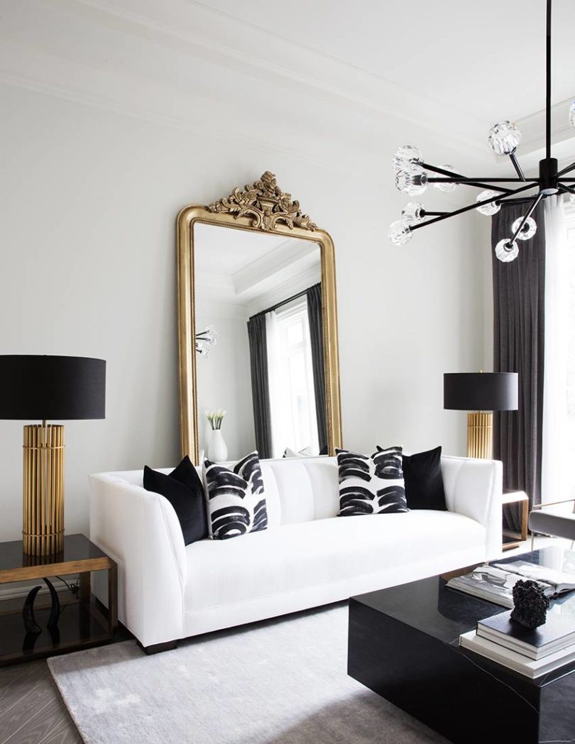 black and white and gold living room