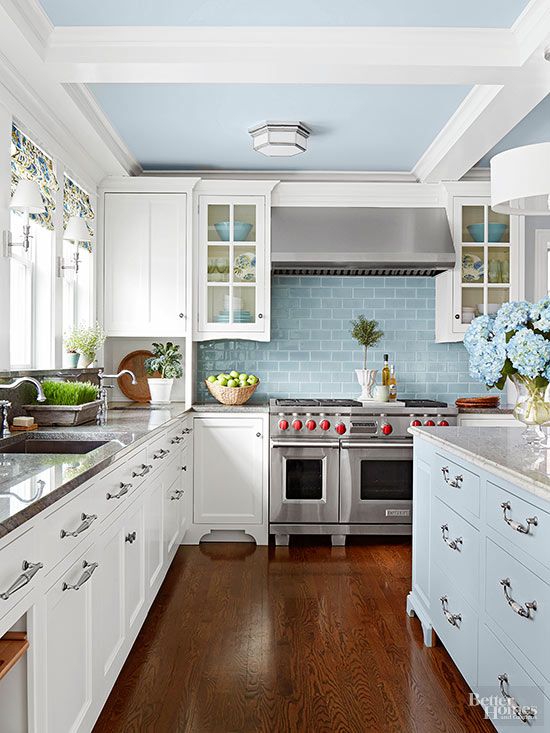 kitchen with baby blue ceiling waffle indigo large island with windows above sink classc country farmhouse inspiration dining room