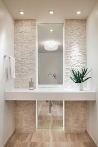 contemporary-powder-room all white cream stone accent wall ideas cobblestone washroom bathroom modern organic style living home decor ideas