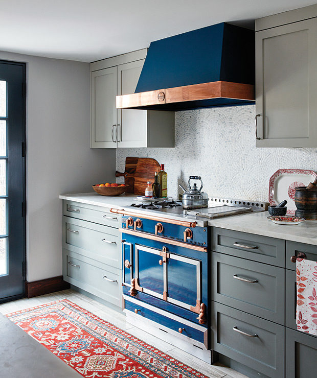 gray and navy blue kitchen old fashioned stove victorian manhattan townhouse brownstone style