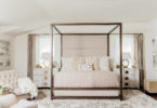 transitional-bedroom four poster bed copper off white warm cream color palette glam bedroom ideas gold side table traditional furniture feminine neutral unisex decor shop room ideas