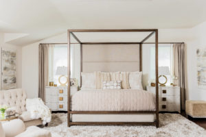 transitional-bedroom four poster bed copper off white warm cream color palette glam bedroom ideas gold side table traditional furniture feminine neutral unisex decor shop room ideas