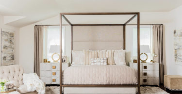transitional-bedroom four poster bed copper off white warm cream color palette glam bedroom ideas gold side table traditional furniture feminine neutral unisex decor shop room ideas