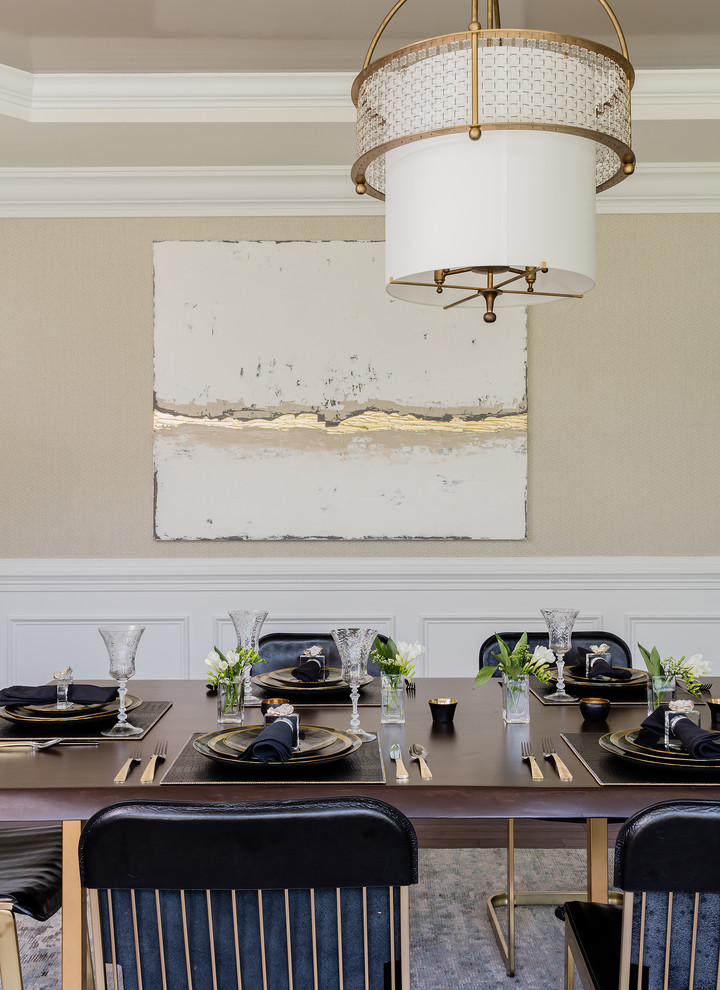 transitional-dining-room-black leather dining chairs eating area modern traditional gold artwork shop room ideas glam glamorous luxury style modern kitchen 60's 60's 80's style