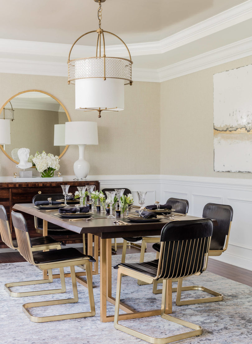 transitional-dining-room-modern glamorous eclectic kitchen dining chairs black leather gold table circle gold mirror buffet design