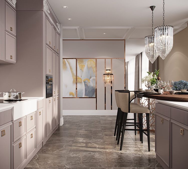 Brown marble neutral beige lilac purple kitchen cabinetry cabinets island modern small apartment condo decor ideas shop room ideas glass