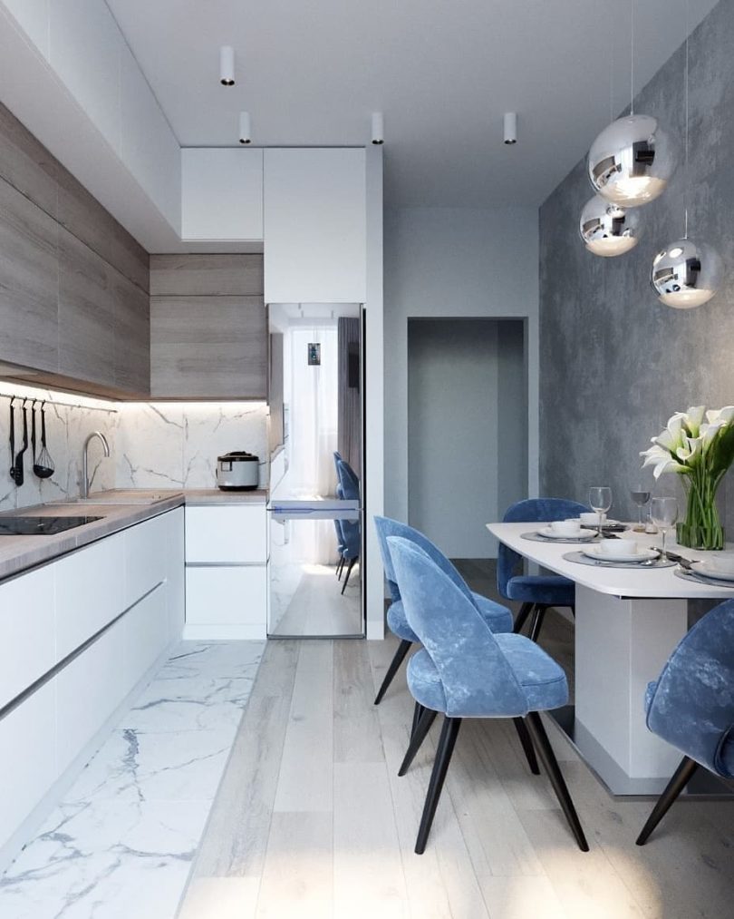 marble blue small kitchen ideas condo russian home interior design style white and wood cabinets glam luxury modern tiny kitchenette