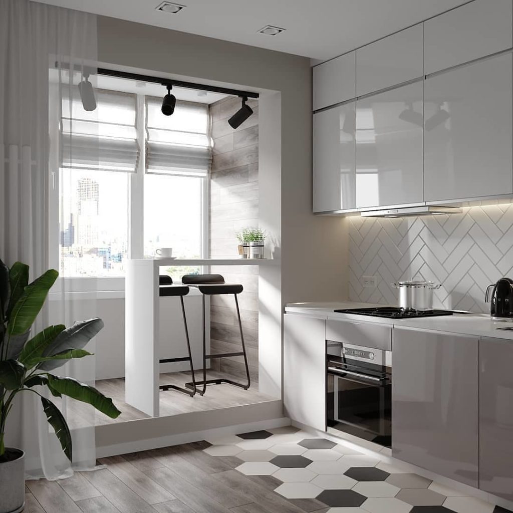 small kitchen apartment condo style floor plan ideas kitchenette gray grey white beige neutral cabinets flooring hexagon tiles